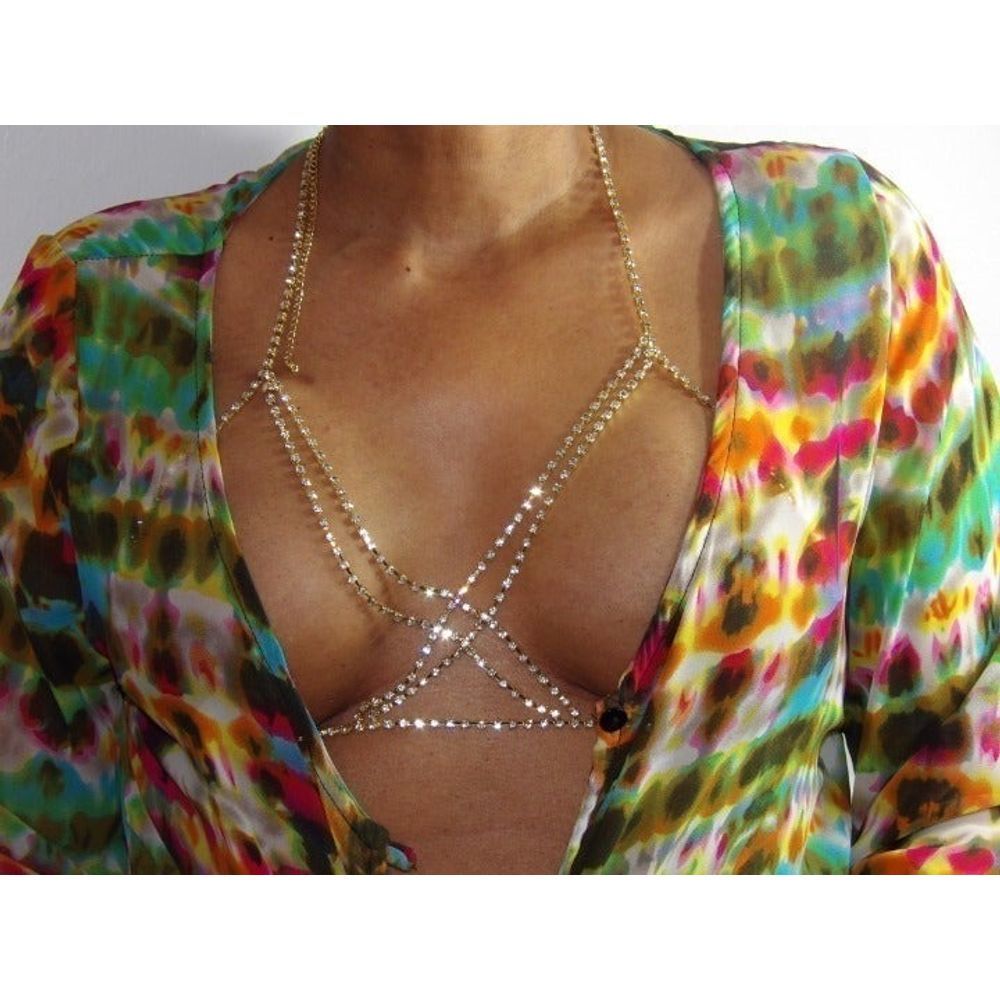 Chest Gold /Silver Chain Body Chain Rhinestones - Picture 2 of 7